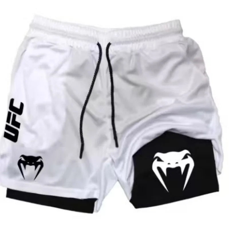UFC logo men's European size double-layer sports training, running, walking, comfortable, breathable, mobile phone, towel shorts