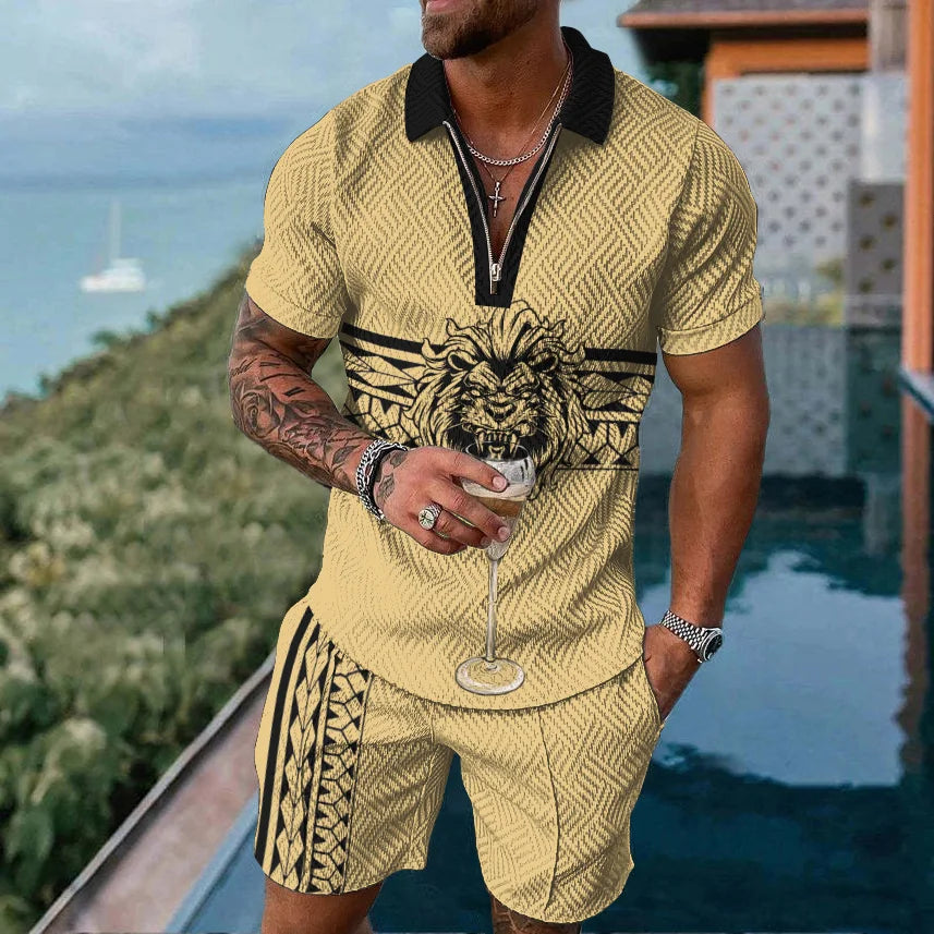 2025 Men's Suit Trend Tiger 3D Printing Zipper Polo Shirt Shorts Two Piece Set luxurious Casual New Men Clothing Tracksuit Set