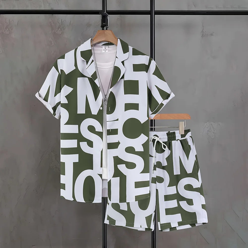 Holiday Men's Button Down Shirts Drawstring Waist Shorts 2-piece Set Plus Size Letter Print Shirt Casual Pocket Shorts Clothing