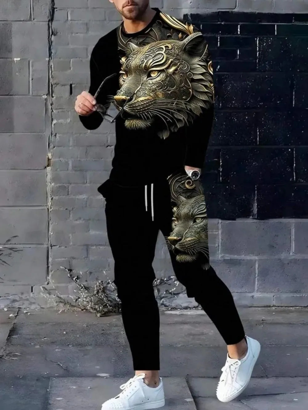 Fashionable summer men's personalized lion print breathable round neck long sleeved pants set outdoor high street clothing