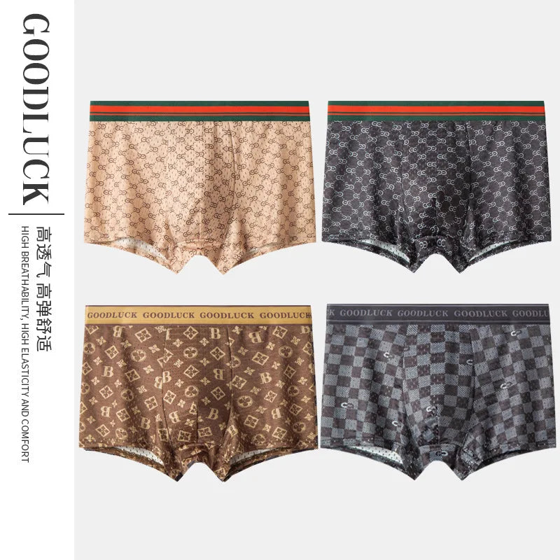 MAIMENGGO 4pc Men's ice silk underwear flat corner pants youth sports mesh breathable square corner shorts  without Box