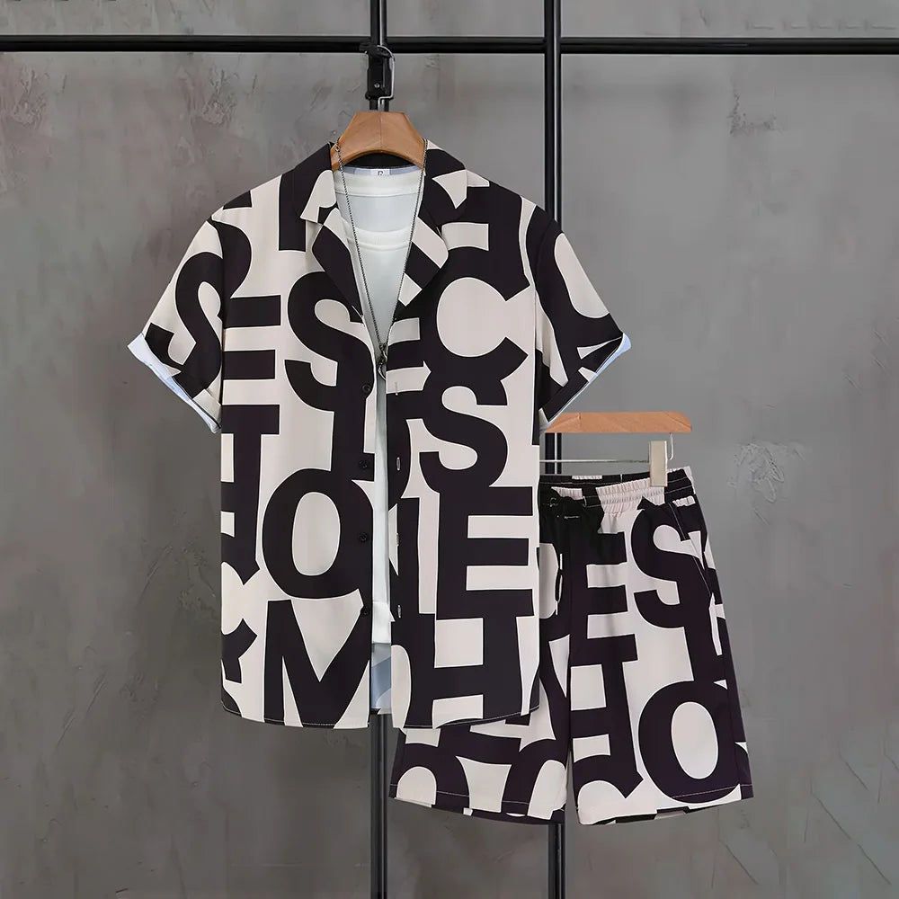 Holiday Men's Button Down Shirts Drawstring Waist Shorts 2-piece Set Plus Size Letter Print Shirt Casual Pocket Shorts Clothing