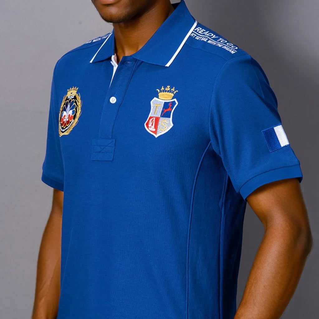 Men's polo shirt France short sleeve Royal leisure sports party cotton embroidered with slit contrast color original