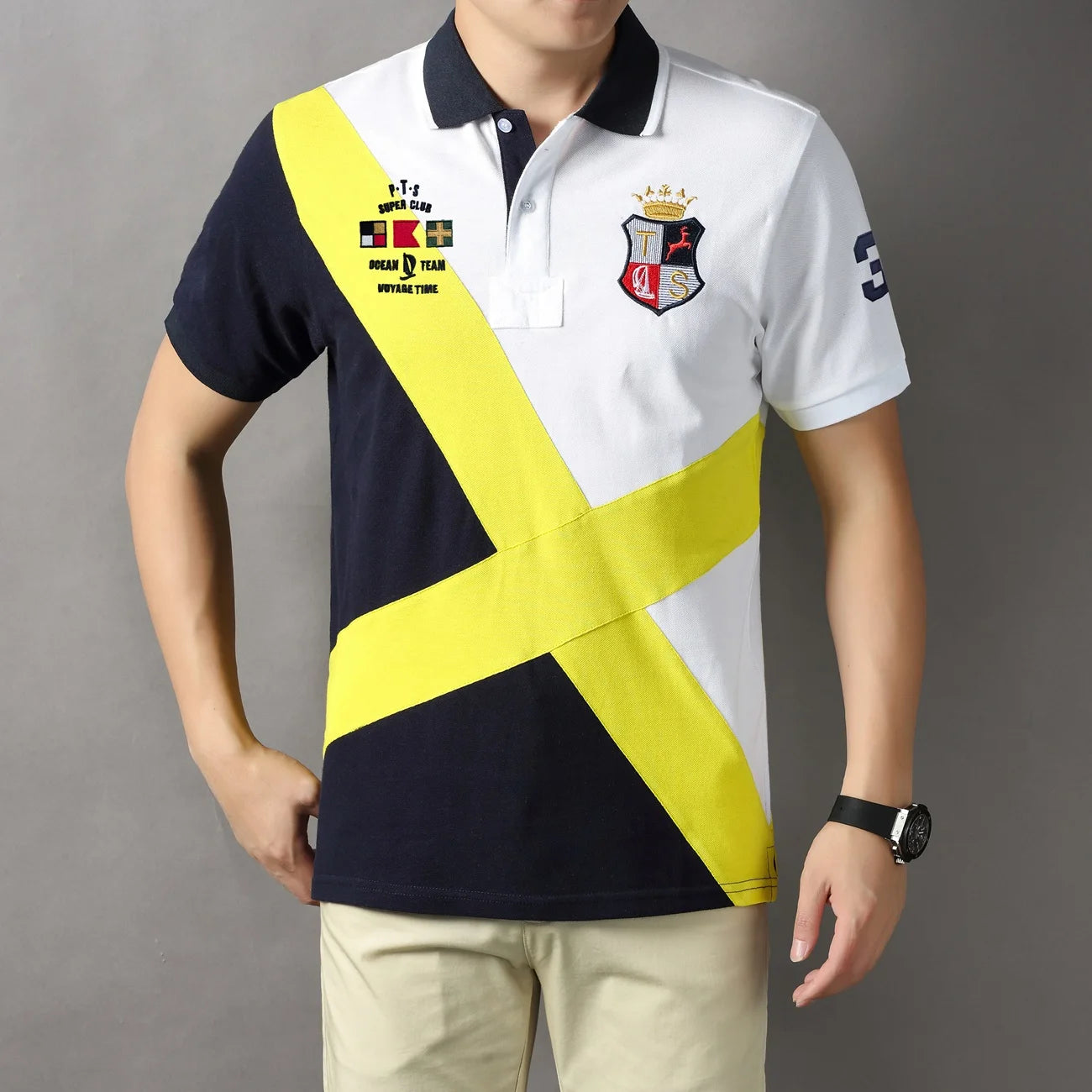 Men's polo shirt Short-sleeved casual fashion polo shirt cross stitching color contrast classic pattern embroidery stitching