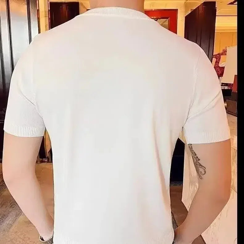 Summer Round Neck Ice Silk Hollow Knitted Short-sleeved Base Thin Men's Trendy Half-sleeved T-shirt Breathable Knitted Sweater