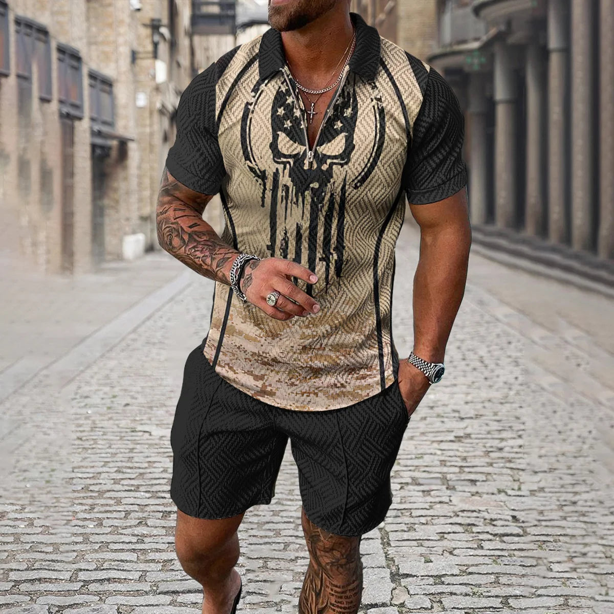 Summer 3D Print Men's Tracksuit Suit Casual Zipper Polo Shirt Shorts 2 Pcs Sets Boho Geometric Style Holiday Clothing