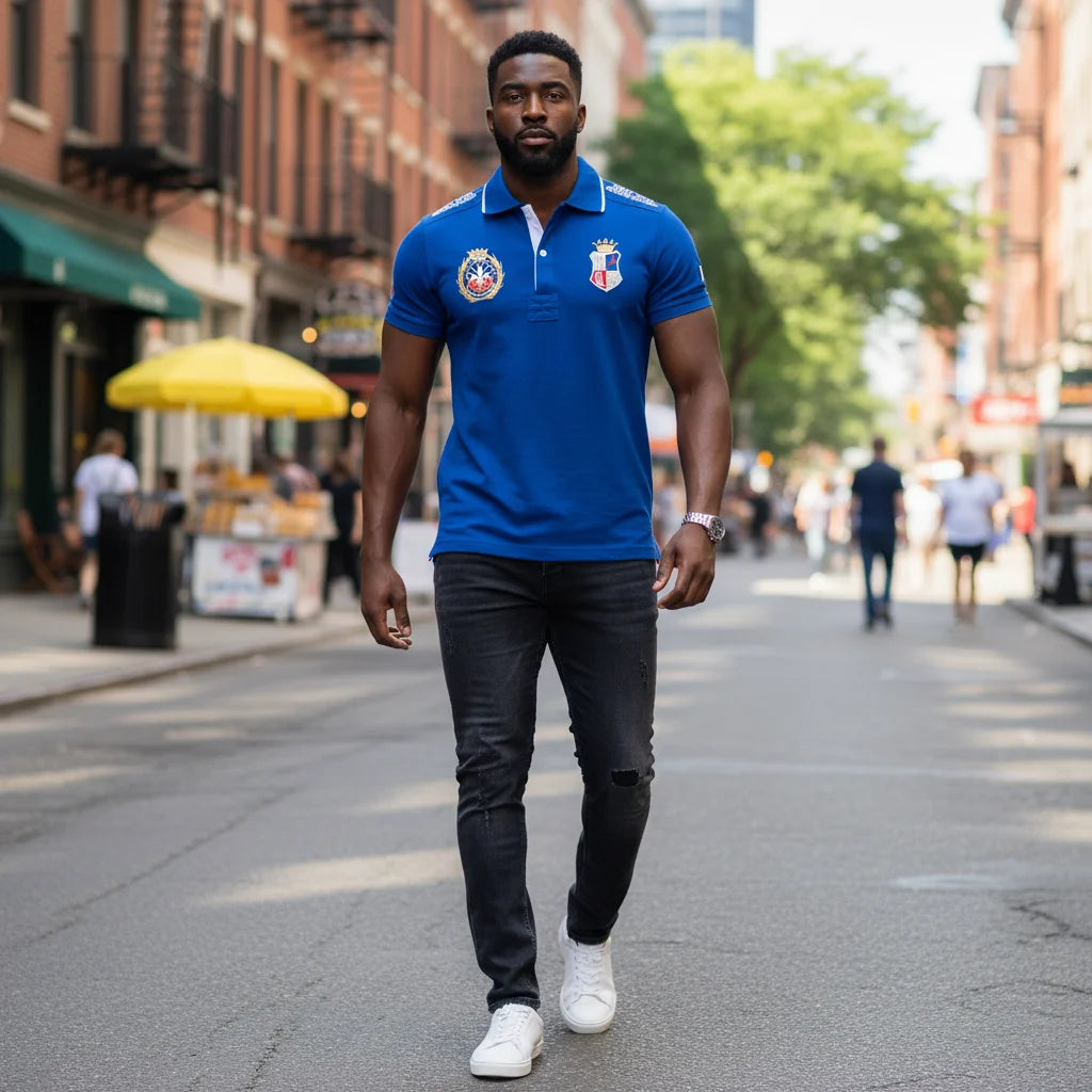 Men's polo shirt France short sleeve Royal leisure sports party cotton embroidered with slit contrast color original