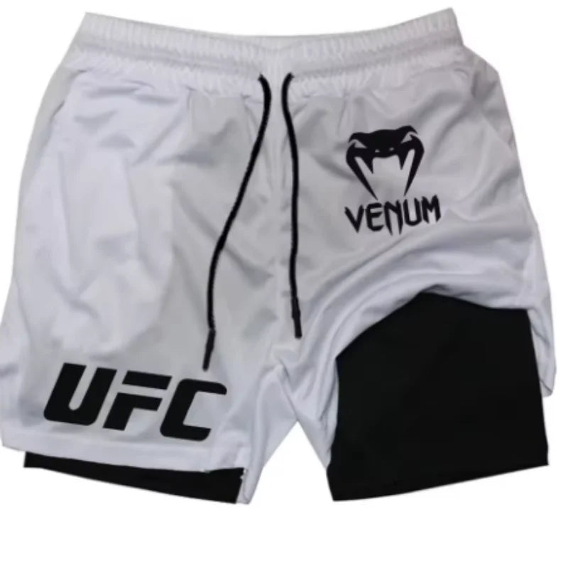 UFC logo men's European size double-layer sports training, running, walking, comfortable, breathable, mobile phone, towel shorts