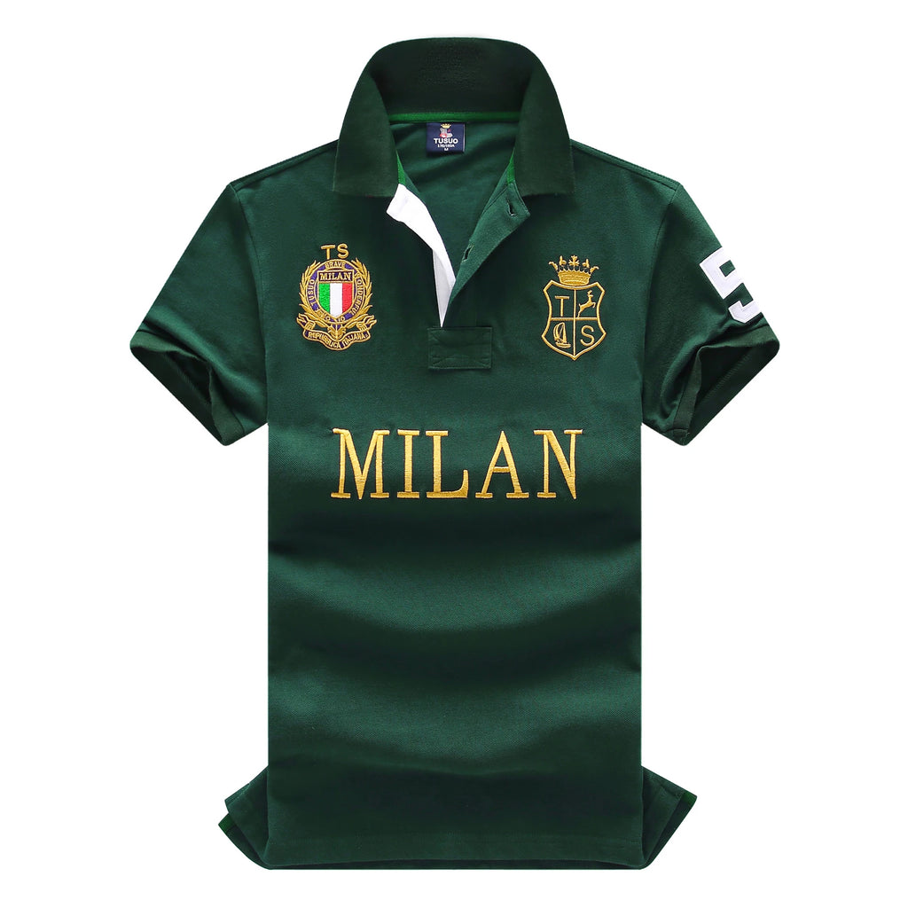 Men's High-Quality Cotton Polo Shirt ITALY GREEN cotton Embroidered "MILAN" Symbol leisure sport New Year's Gift for Men