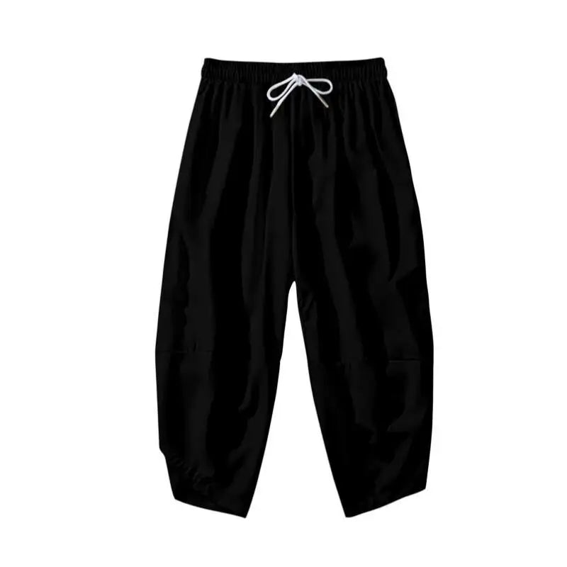 Men Summer Japanese Style Black Kimono Shirt and Drawstring Cropped Pants Set Asian Unisex Casual Loose 3/4 Sleeve Beach Outwear