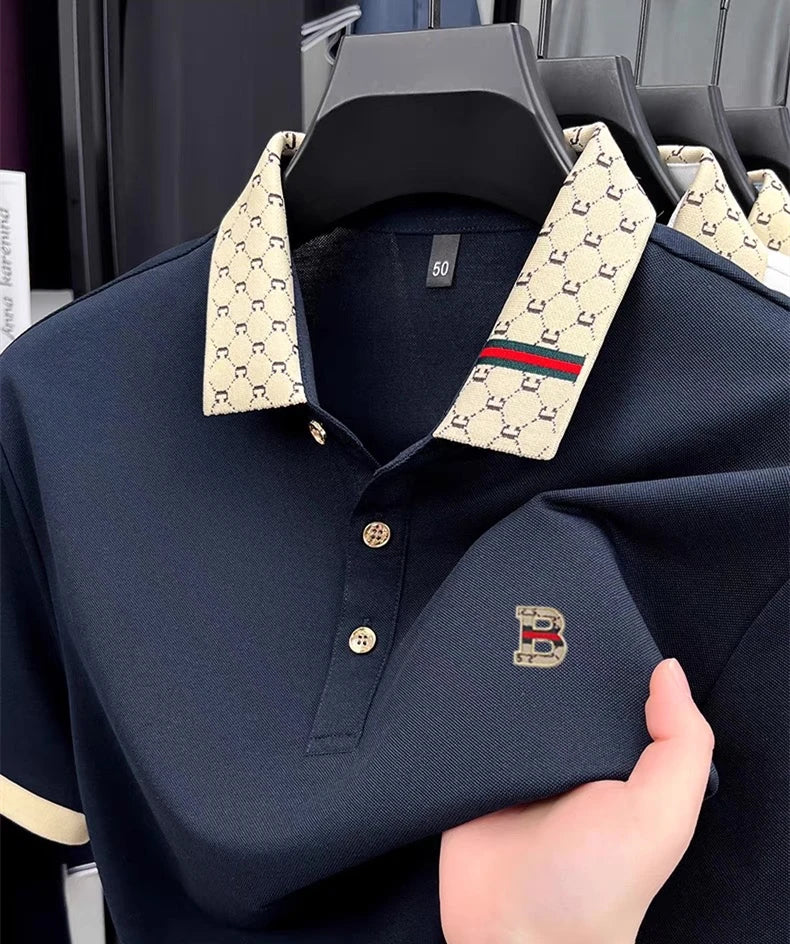 Luxury brand B letter embossed short sleeve polo shirt men summer lightweight breathable new fashion color blocked lapel T-shirt