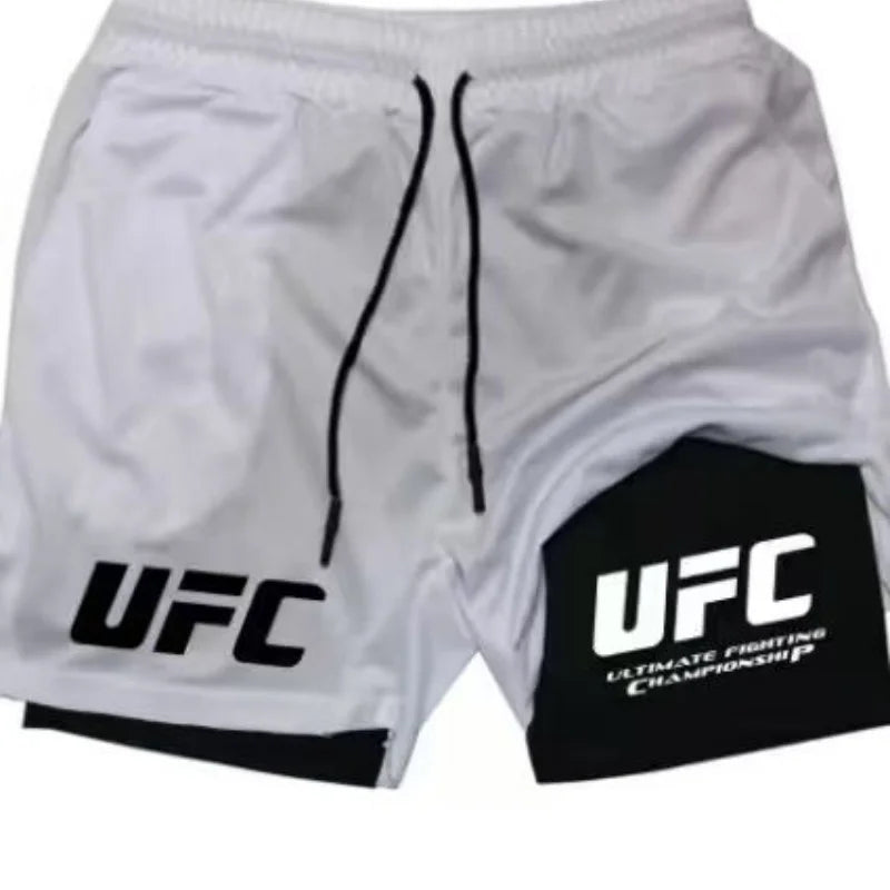 UFC logo men's European size double-layer sports training, running, walking, comfortable, breathable, mobile phone, towel shorts