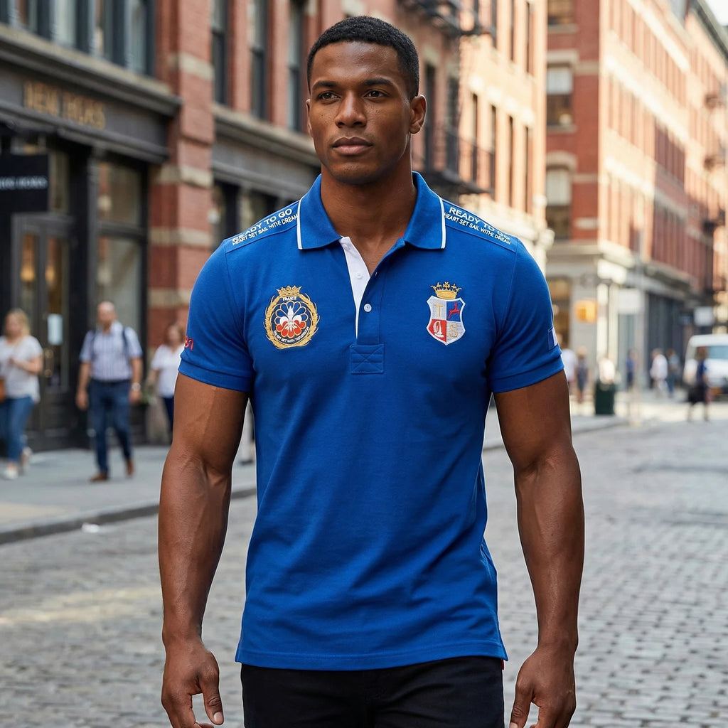 Men's polo shirt France short sleeve Royal leisure sports party cotton embroidered with slit contrast color original