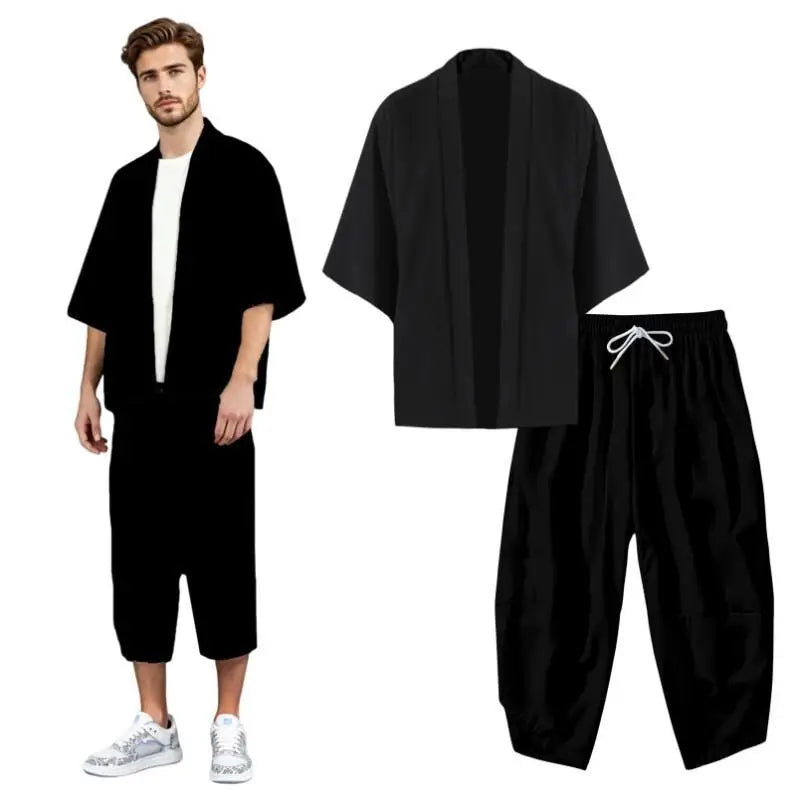 Men Summer Japanese Style Black Kimono Shirt and Drawstring Cropped Pants Set Asian Unisex Casual Loose 3/4 Sleeve Beach Outwear
