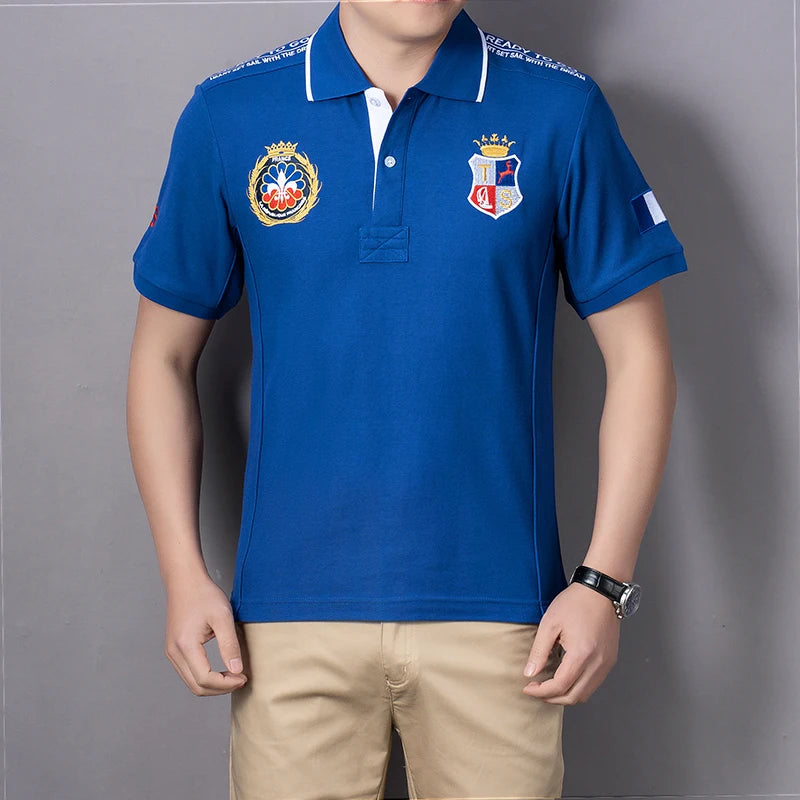 Men's polo shirt France short sleeve Royal leisure sports party cotton embroidered with slit contrast color original