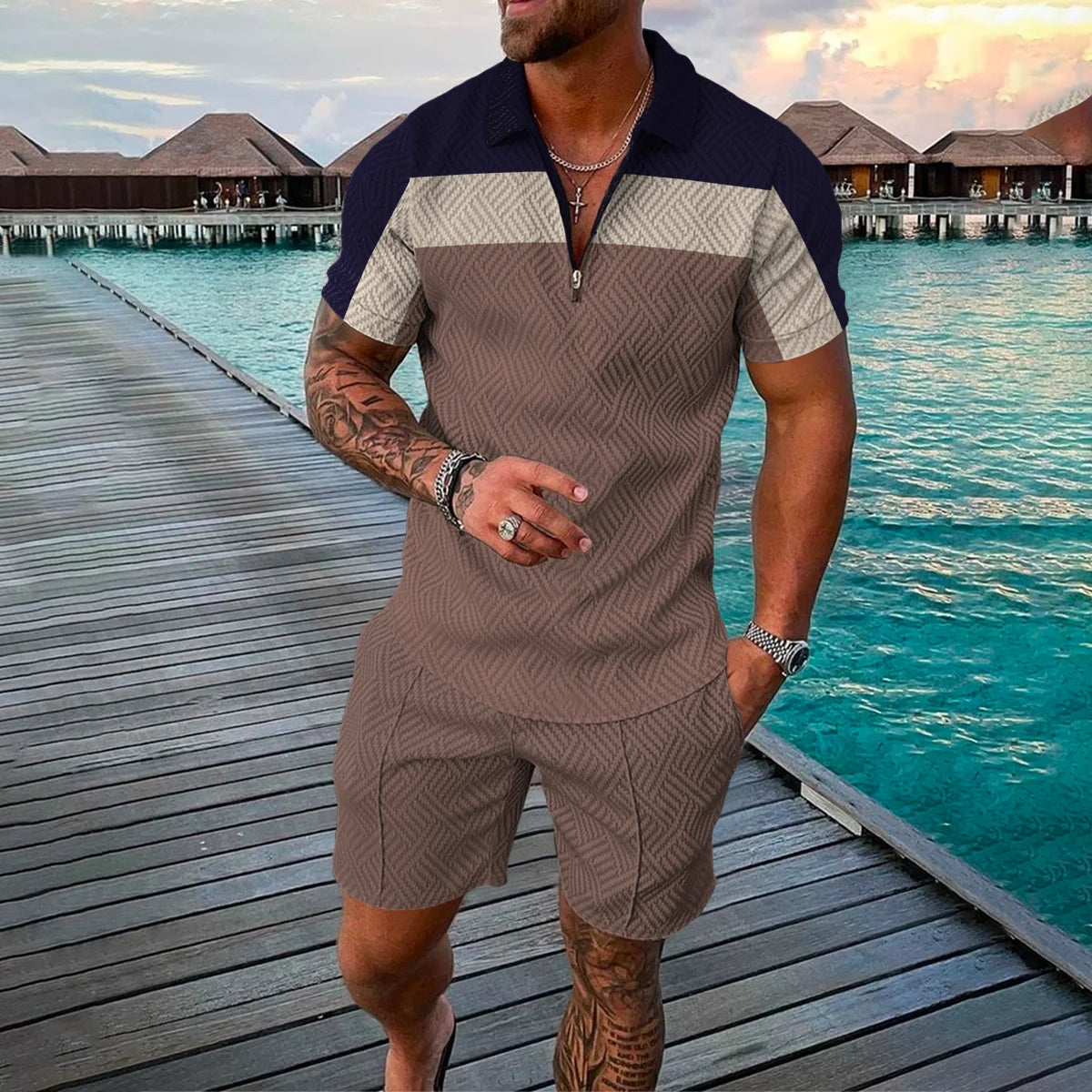Summer 3D Print Men's Tracksuit Suit Casual Zipper Polo Shirt Shorts 2 Pcs Sets Boho Geometric Style Holiday Clothing