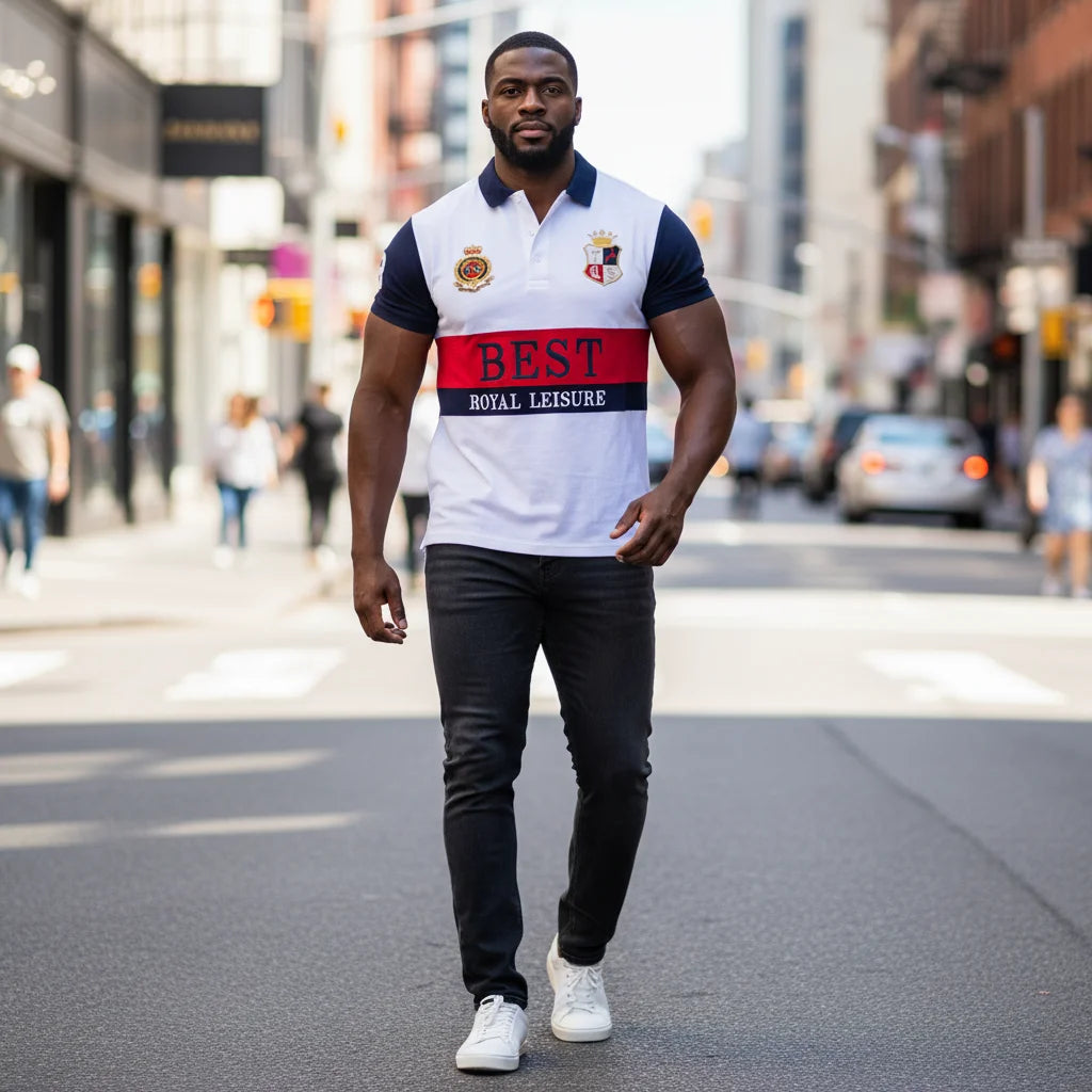New polo shirt men's embroidery patchwork color contrast slim classic fashion original design polo collar pure cotton breathable