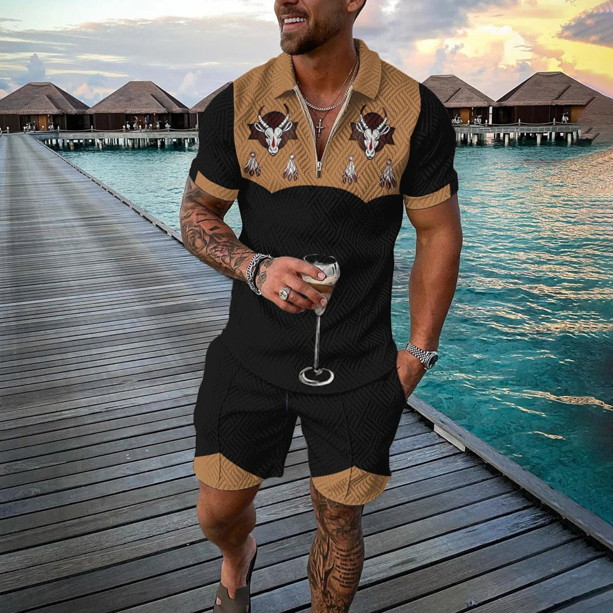 Summer 3D Print Men's Tracksuit Suit Casual Zipper Polo Shirt Shorts 2 Pcs Sets Boho Geometric Style Holiday Clothing