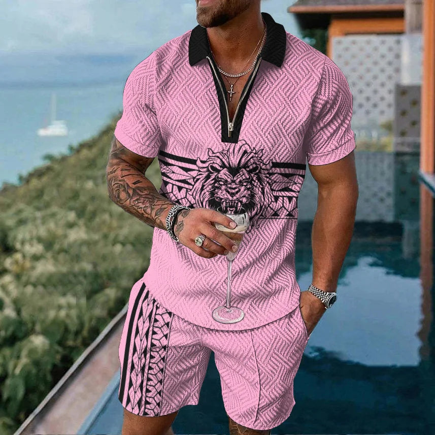 2025 Men's Suit Trend Tiger 3D Printing Zipper Polo Shirt Shorts Two Piece Set luxurious Casual New Men Clothing Tracksuit Set