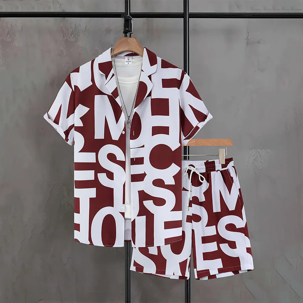 Holiday Men's Button Down Shirts Drawstring Waist Shorts 2-piece Set Plus Size Letter Print Shirt Casual Pocket Shorts Clothing