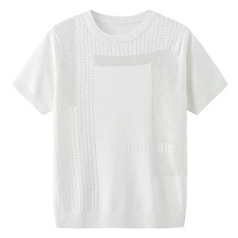 Summer Round Neck Ice Silk Hollow Knitted Short-sleeved Base Thin Men's Trendy Half-sleeved T-shirt Breathable Knitted Sweater