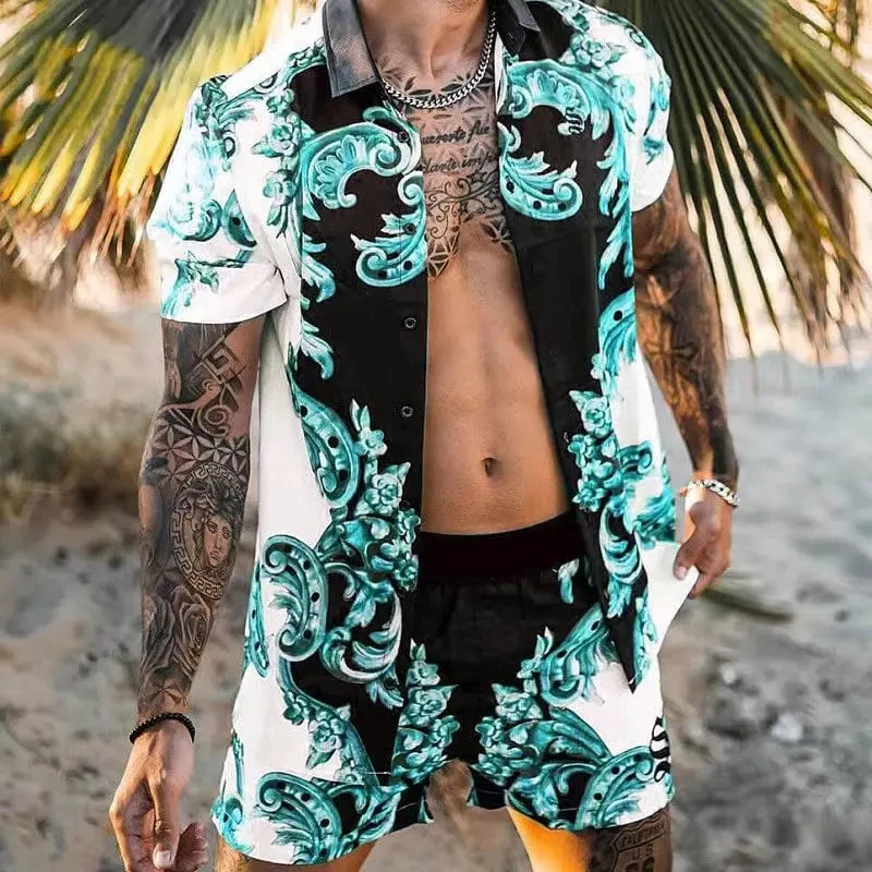 Summer Exquisite Men's Shirt Set Coconut Print Short Sleeve Top Leopard Print Shorts 2 Piece Hawaii Beach Men's Fashion Clothing