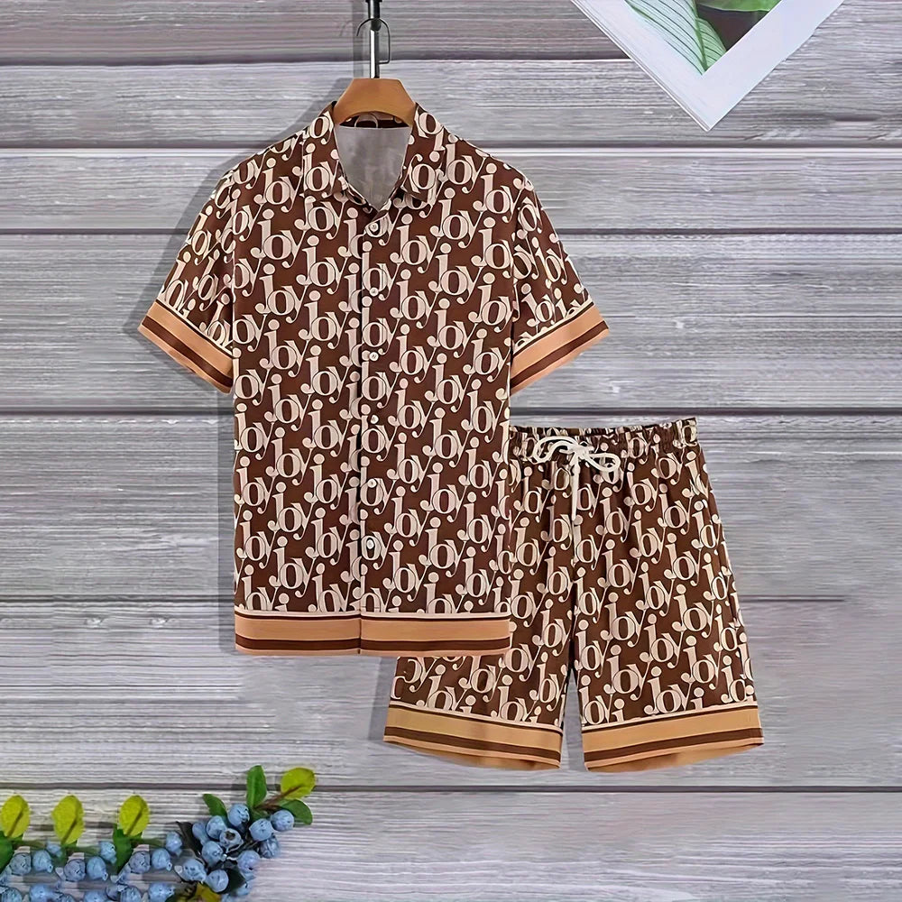 Holiday Men's Button Down Shirts Drawstring Waist Shorts 2-piece Set Plus Size Letter Print Shirt Casual Pocket Shorts Clothing