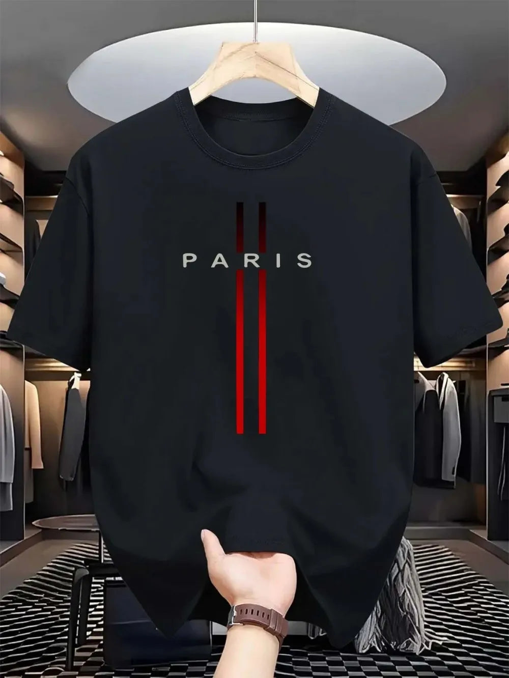 Men's new polyester fabric comfortable and breathable round neck T-shirt Paris letter printed pattern outdoor casual top