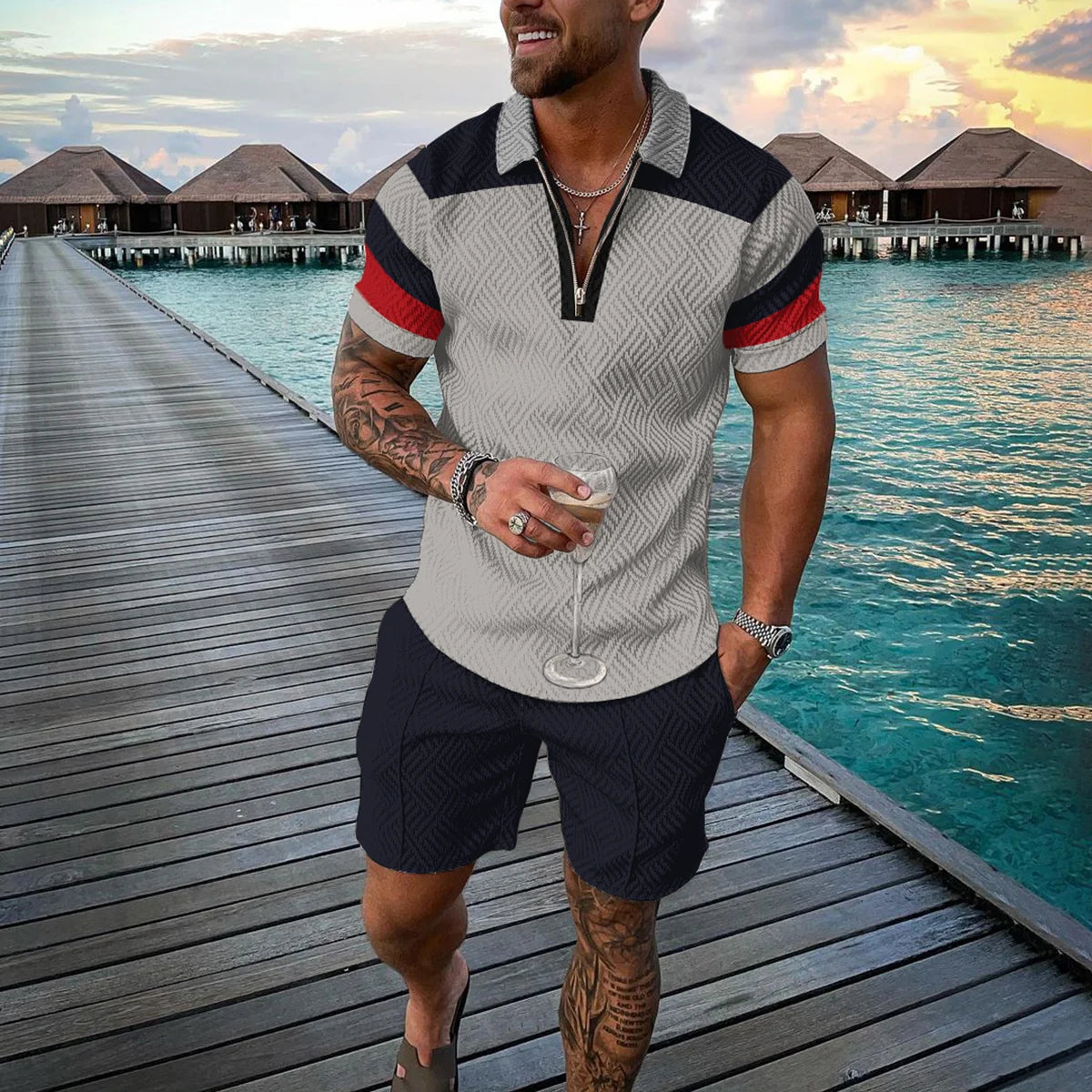 Summer 3D Print Men's Tracksuit Suit Casual Zipper Polo Shirt Shorts 2 Pcs Sets Boho Geometric Style Holiday Clothing