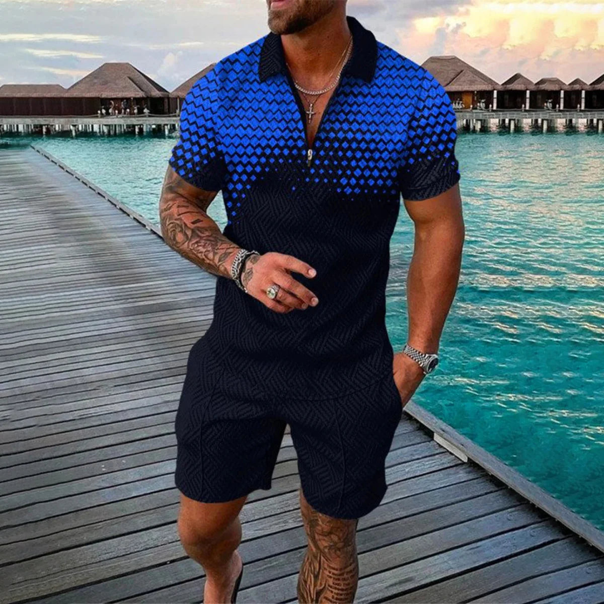 Summer 3D Print Men's Tracksuit Suit Casual Zipper Polo Shirt Shorts 2 Pcs Sets Boho Geometric Style Holiday Clothing