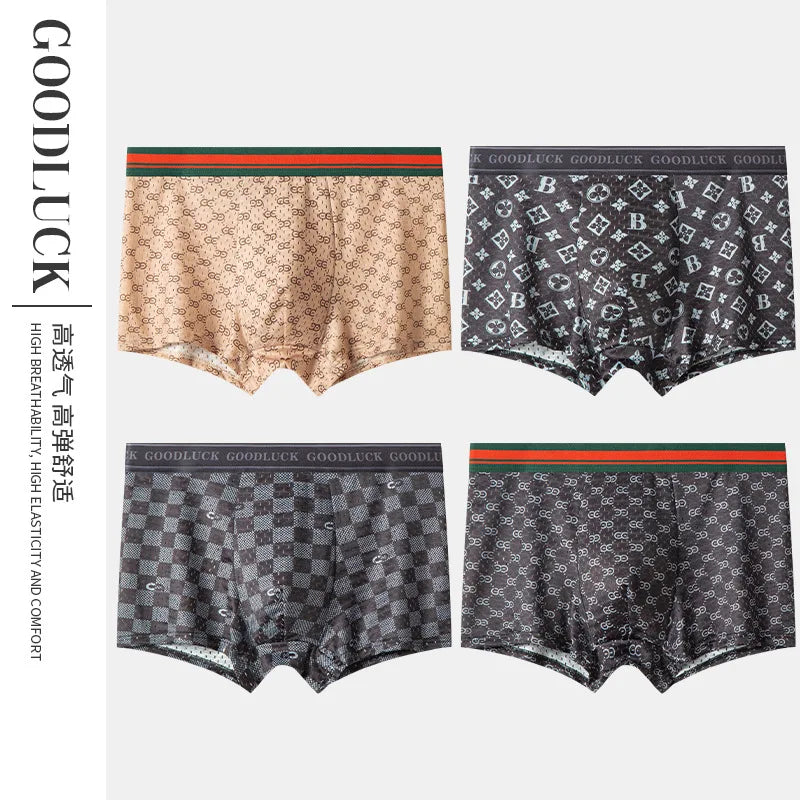 MAIMENGGO 4pc Men's ice silk underwear flat corner pants youth sports mesh breathable square corner shorts  without Box
