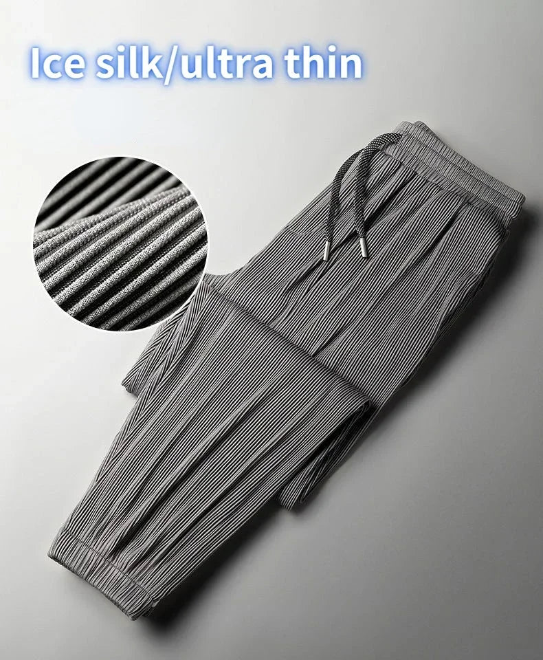 2026 Summer Ice Silk Ultra-thin Pants Men's Loose Straight Section Drape Ice Silk Pants Wide Leg Sports Casual Pants Fits