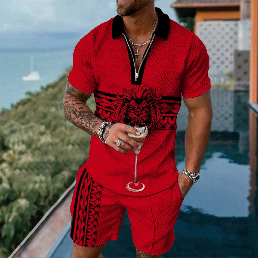 2025 Men's Suit Trend Tiger 3D Printing Zipper Polo Shirt Shorts Two Piece Set luxurious Casual New Men Clothing Tracksuit Set