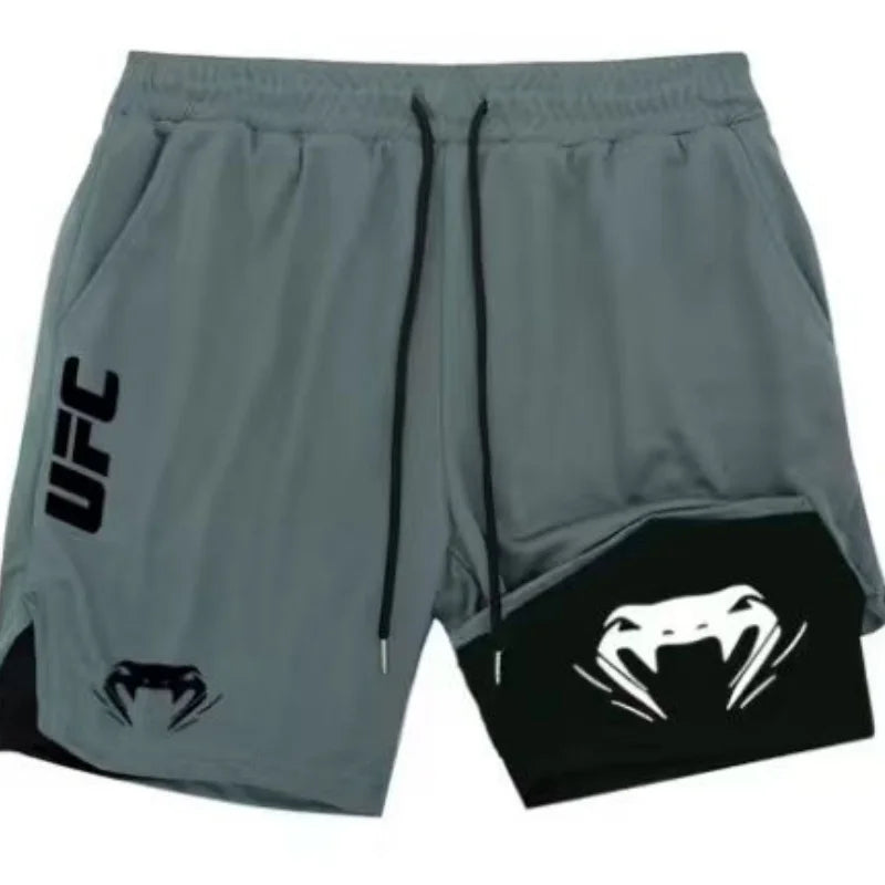 UFC logo men's European size double-layer sports training, running, walking, comfortable, breathable, mobile phone, towel shorts