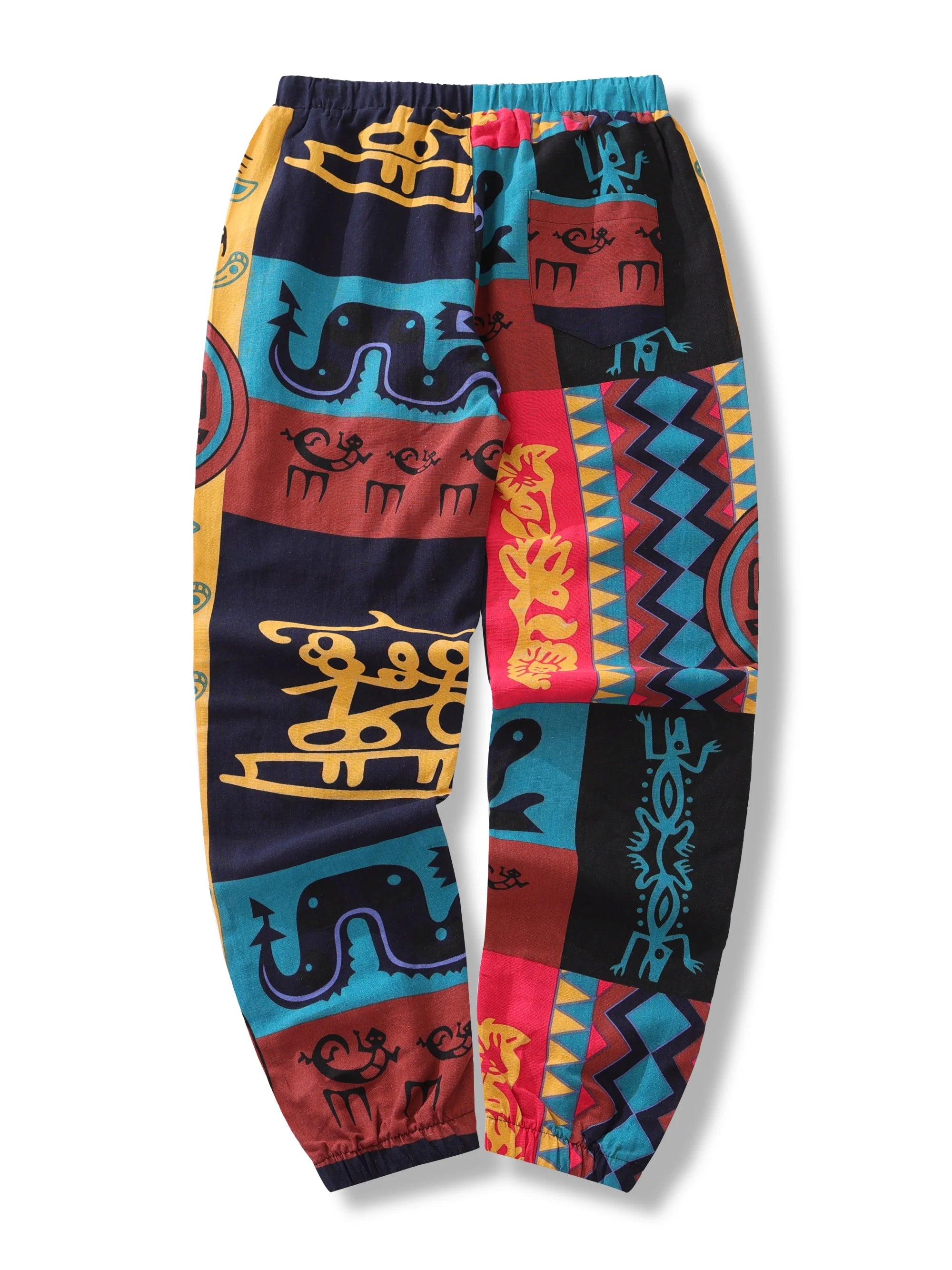 Mens Boho Tribal Print Stretch Linen Pnats Cotton Blend Drawstring LightWeight Trousers with Pockets Summer Jogger Pants