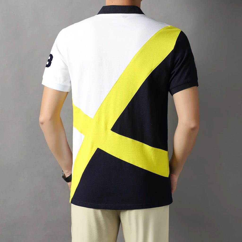 Men's polo shirt Short-sleeved casual fashion polo shirt cross stitching color contrast classic pattern embroidery stitching