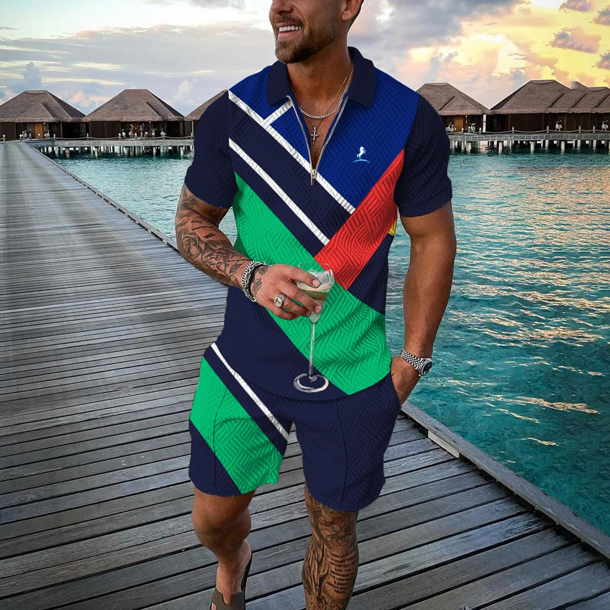 Summer 3D Print Men's Tracksuit Suit Casual Zipper Polo Shirt Shorts 2 Pcs Sets Boho Geometric Style Holiday Clothing