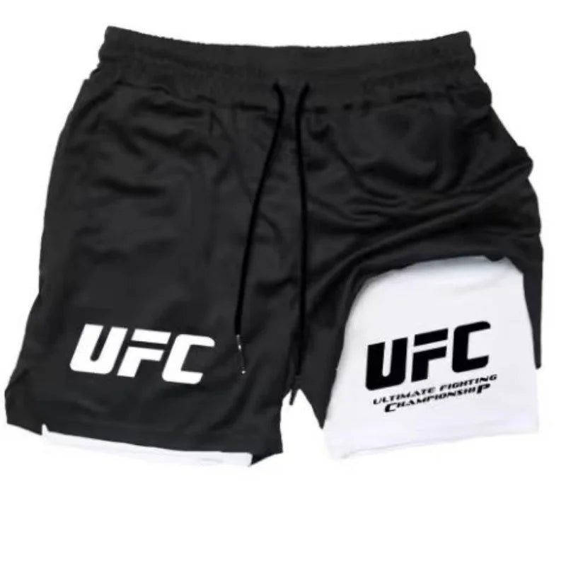 UFC logo men's European size double-layer sports training, running, walking, comfortable, breathable, mobile phone, towel shorts
