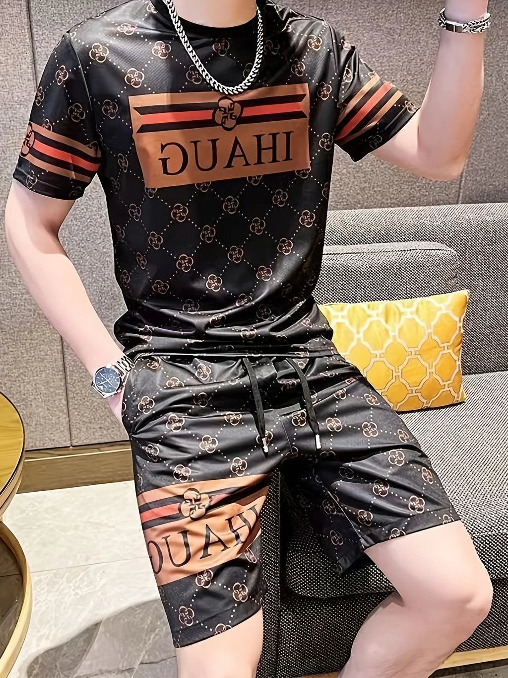 Summer Hot Selling Men's 3D Printed Polyester Short Sleeved Shorts Set, Fashionable Casual Breathable Set, Daily Wear