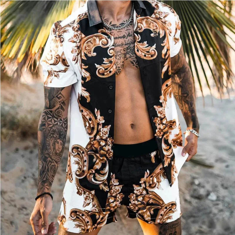 Summer Exquisite Men's Shirt Set Coconut Print Short Sleeve Top Leopard Print Shorts 2 Piece Hawaii Beach Men's Fashion Clothing