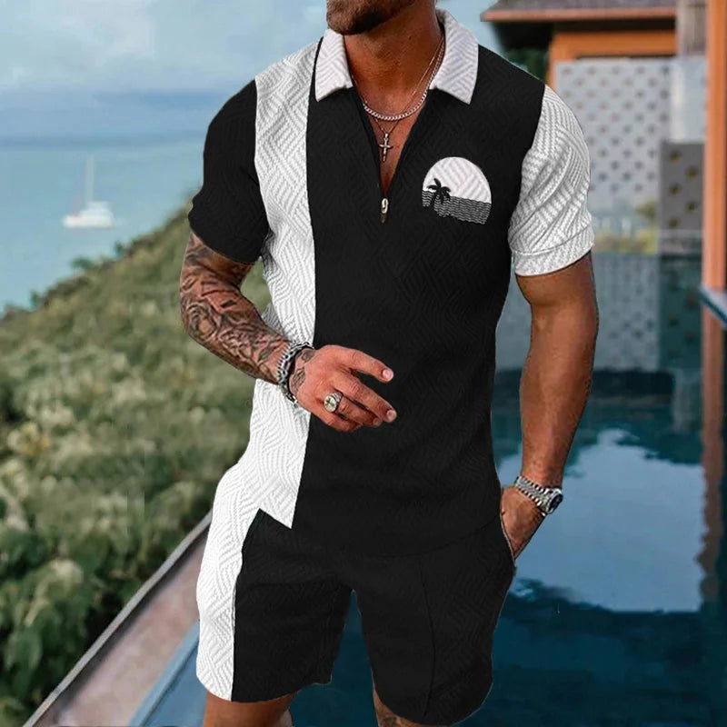2025 Men's Suit Trend Tiger 3D Printing Zipper Polo Shirt Shorts Two Piece Set luxurious Casual New Men Clothing Tracksuit Set