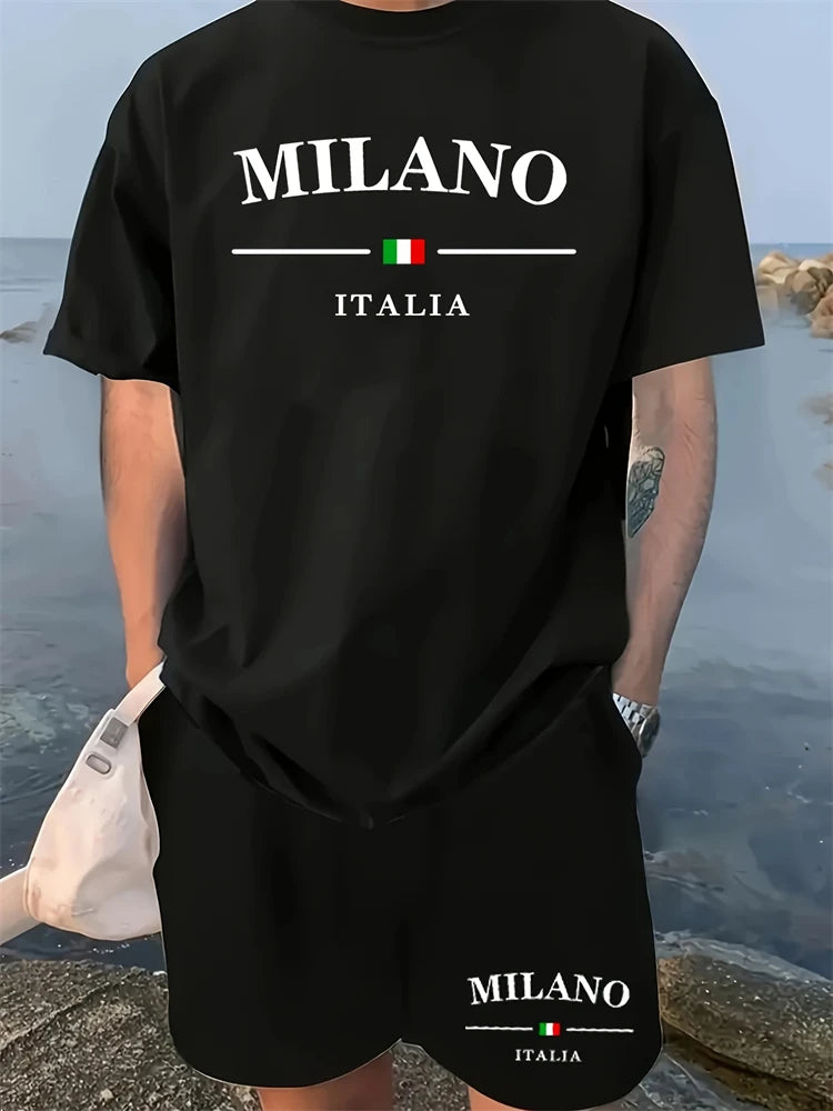 New Men's Round Neck Short Sleeve Shorts Suit Fashionable And Simple For Outdoor Activities And Daily Wear Two-piece Set