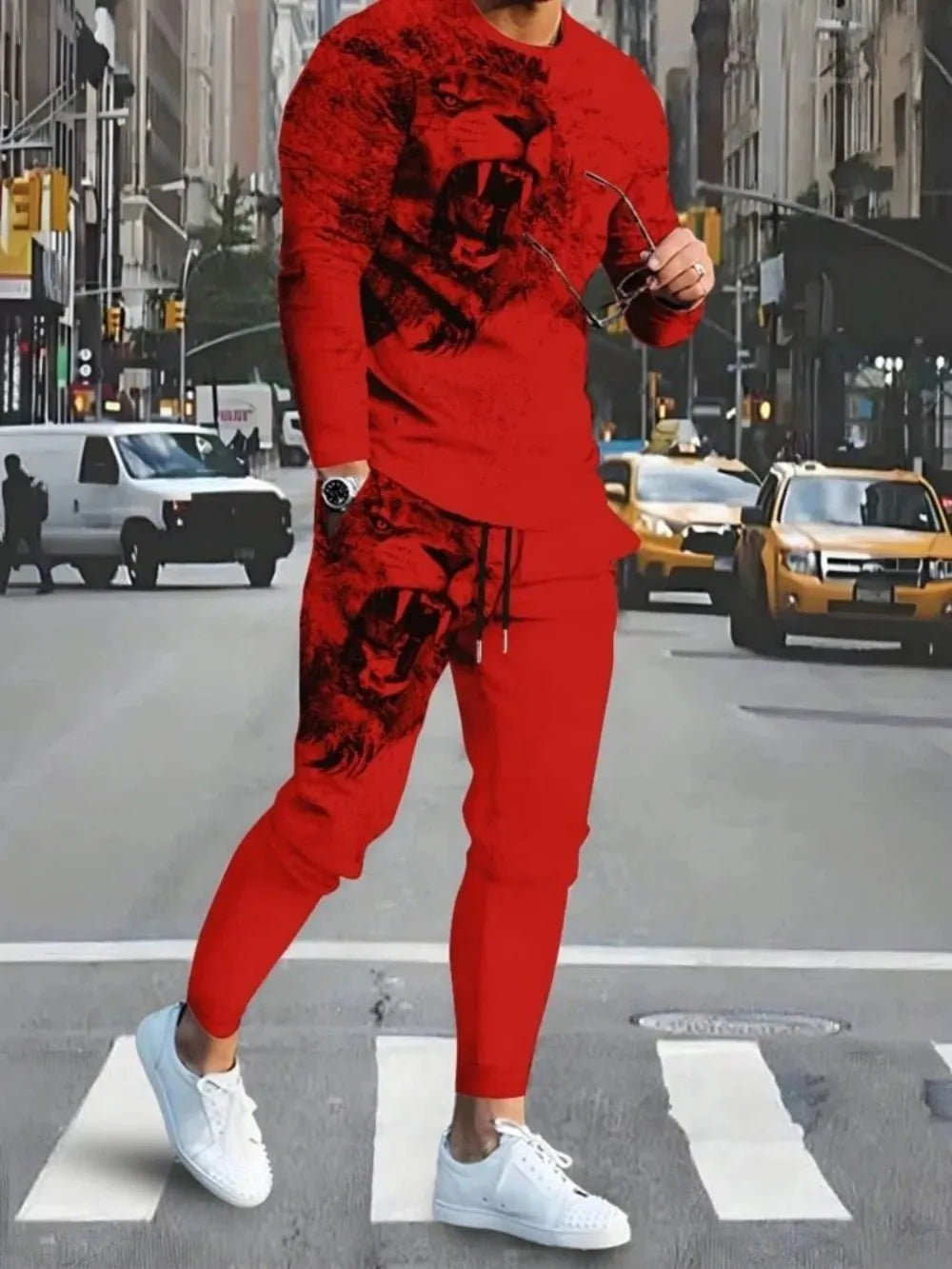 Fashionable summer men's personalized lion print breathable round neck long sleeved pants set outdoor high street clothing