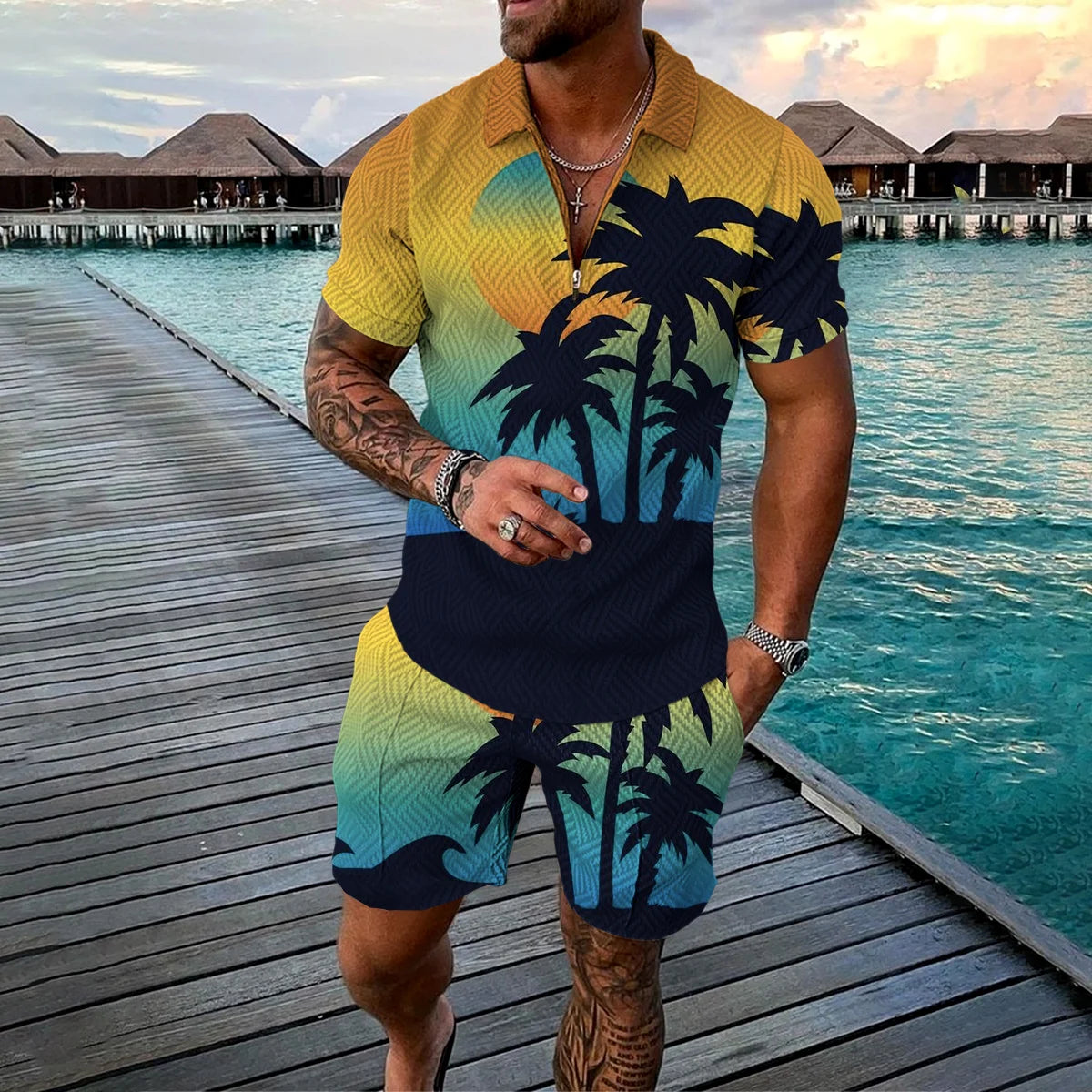 Summer 3D Print Men's Tracksuit Suit Casual Zipper Polo Shirt Shorts 2 Pcs Sets Boho Geometric Style Holiday Clothing