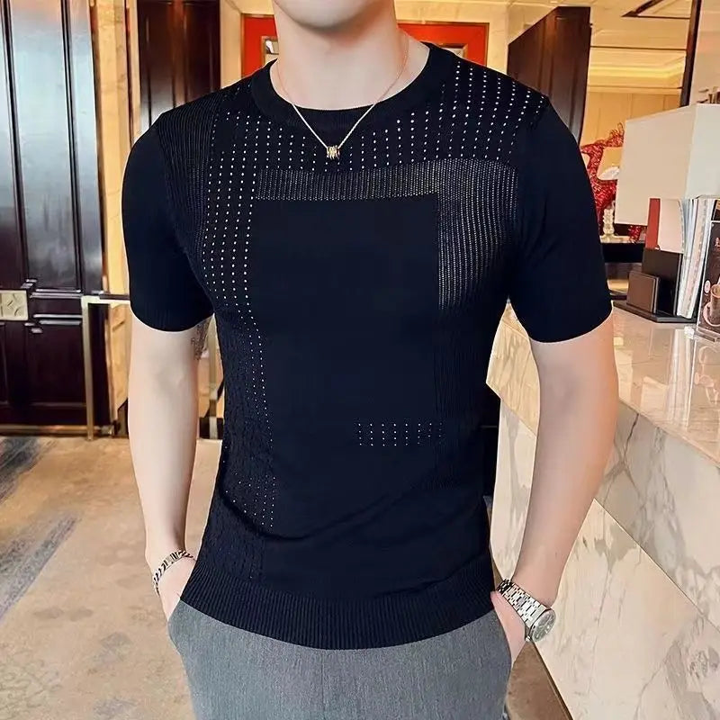 Summer Round Neck Ice Silk Hollow Knitted Short-sleeved Base Thin Men's Trendy Half-sleeved T-shirt Breathable Knitted Sweater