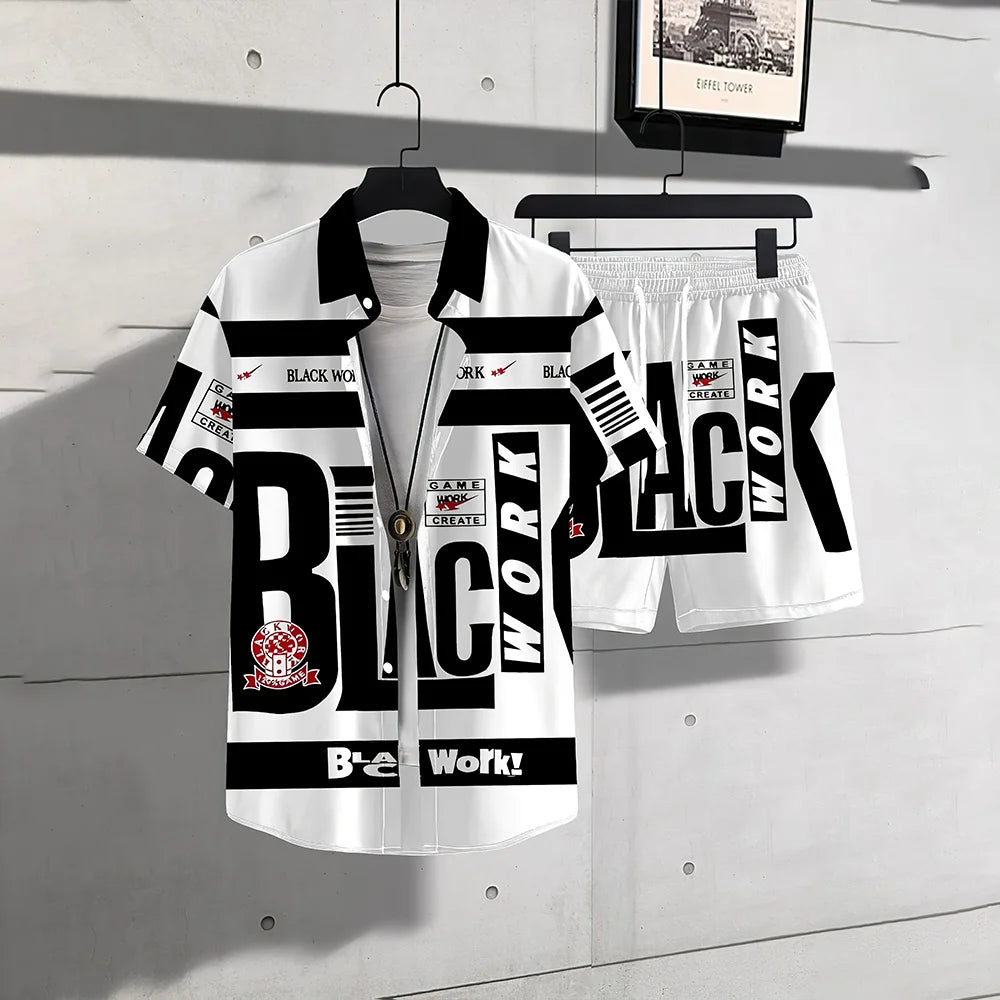 Holiday Men's Button Down Shirts Drawstring Waist Shorts 2-piece Set Plus Size Letter Print Shirt Casual Pocket Shorts Clothing