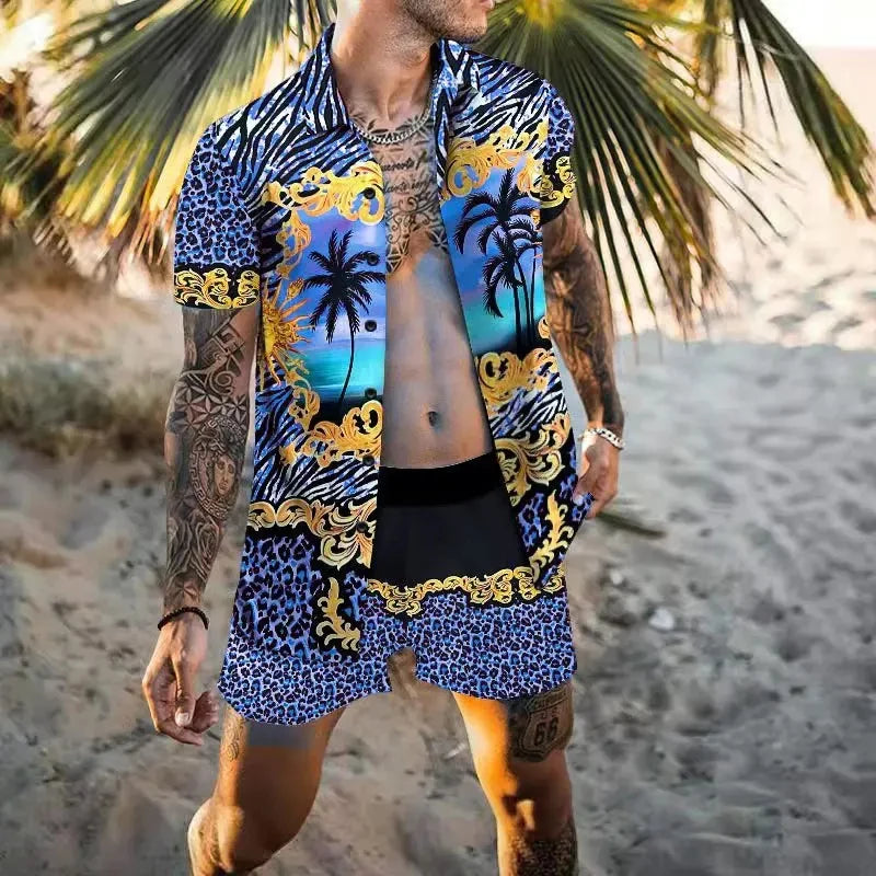 Summer Exquisite Men's Shirt Set Coconut Print Short Sleeve Top Leopard Print Shorts 2 Piece Hawaii Beach Men's Fashion Clothing