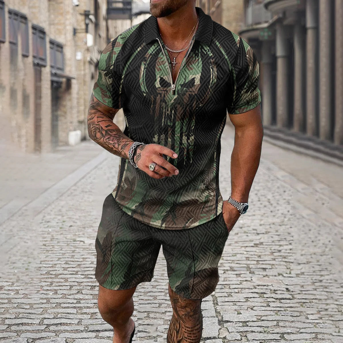 Summer 3D Print Men's Tracksuit Suit Casual Zipper Polo Shirt Shorts 2 Pcs Sets Boho Geometric Style Holiday Clothing