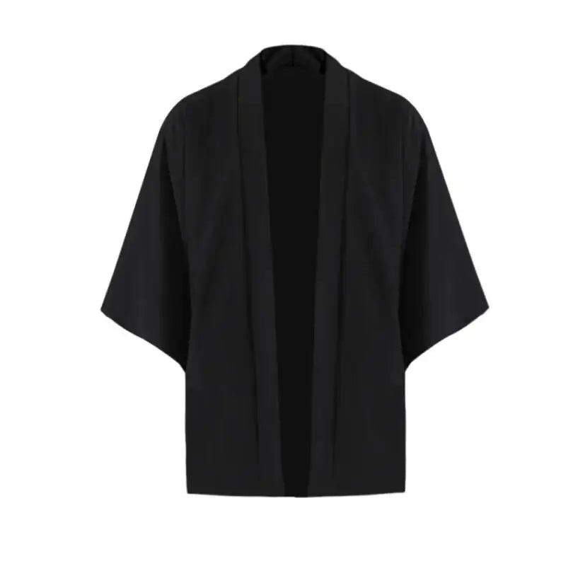 Men Summer Japanese Style Black Kimono Shirt and Drawstring Cropped Pants Set Asian Unisex Casual Loose 3/4 Sleeve Beach Outwear
