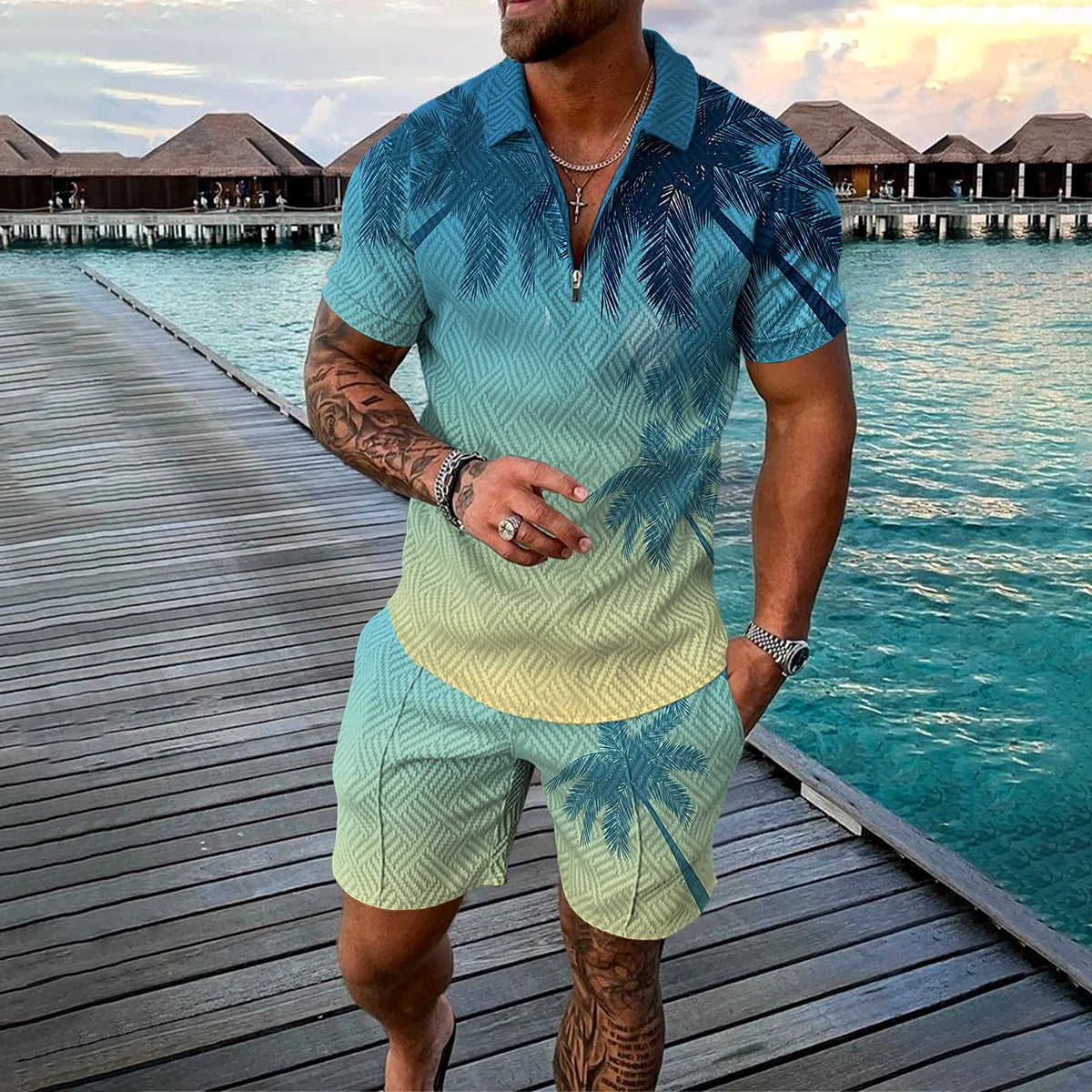 Summer 3D Print Men's Tracksuit Suit Casual Zipper Polo Shirt Shorts 2 Pcs Sets Boho Geometric Style Holiday Clothing